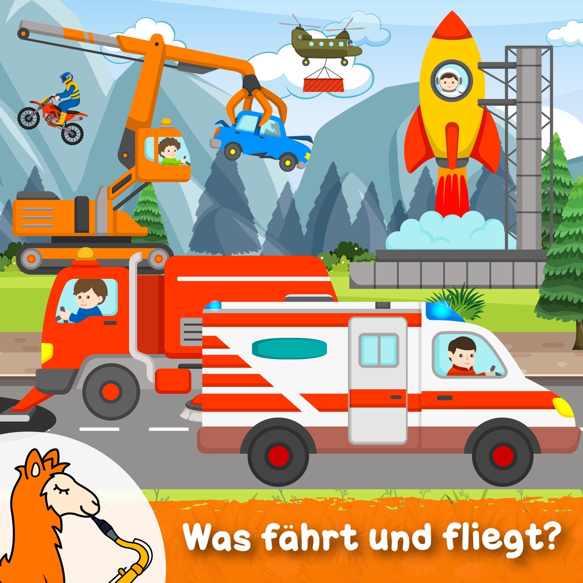 Motorrad, Bagger, Hubschrauber, Rakete und Einsatzfahrzeuge